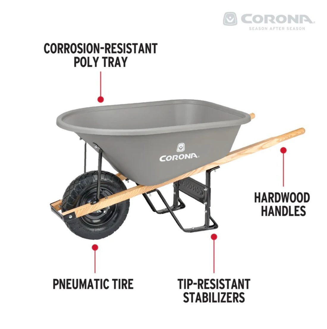 WHEELBARROW / 6 Cu. Ft. Poly, Wood Handles, Pneumatic Tire