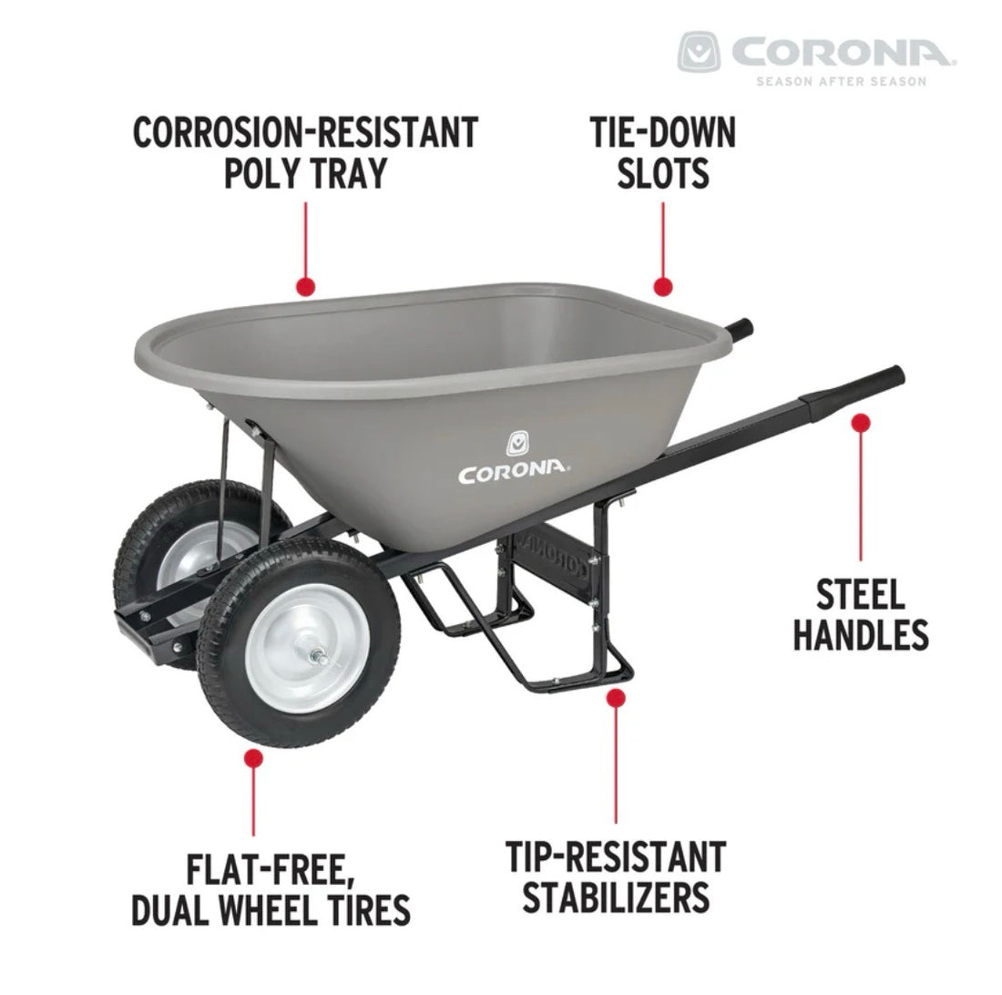 WHEELBARROW / 6 Cu. Ft. Poly, Steel Handles, Dual Wheel Flat Free Tires