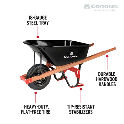 WHEELBARROW / 6 Cu. Ft. Professional Steel, Wood Handles, Flat Free Tire